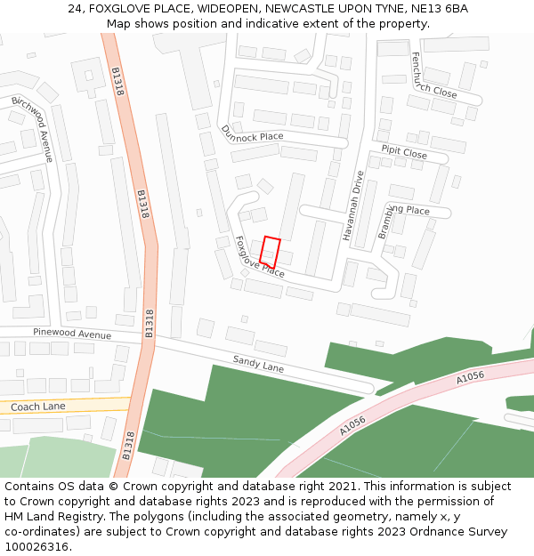 24, FOXGLOVE PLACE, WIDEOPEN, NEWCASTLE UPON TYNE, NE13 6BA: Location map and indicative extent of plot