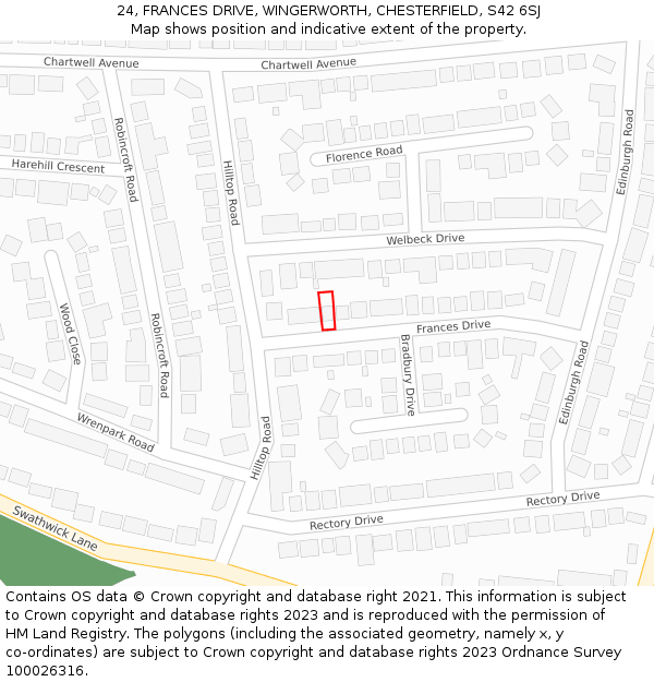 24, FRANCES DRIVE, WINGERWORTH, CHESTERFIELD, S42 6SJ: Location map and indicative extent of plot