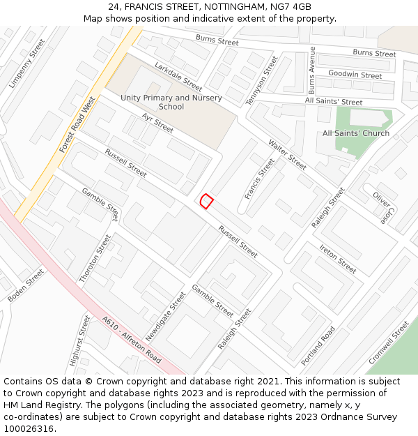 24, FRANCIS STREET, NOTTINGHAM, NG7 4GB: Location map and indicative extent of plot