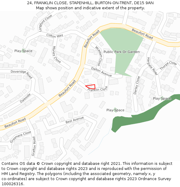 24, FRANKLIN CLOSE, STAPENHILL, BURTON-ON-TRENT, DE15 9AN: Location map and indicative extent of plot