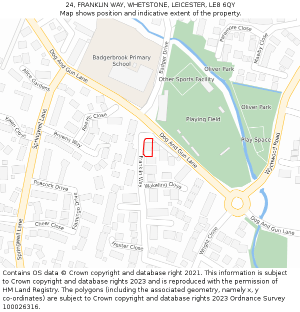 24, FRANKLIN WAY, WHETSTONE, LEICESTER, LE8 6QY: Location map and indicative extent of plot