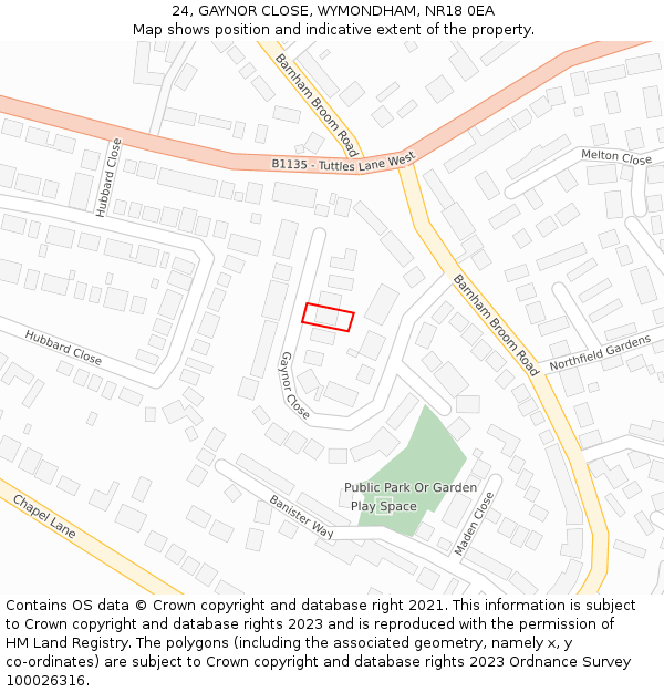 24, GAYNOR CLOSE, WYMONDHAM, NR18 0EA: Location map and indicative extent of plot