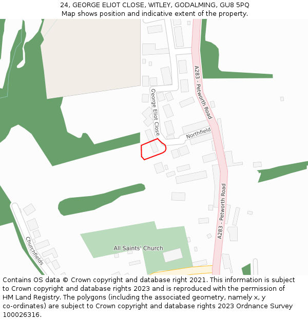 24, GEORGE ELIOT CLOSE, WITLEY, GODALMING, GU8 5PQ: Location map and indicative extent of plot