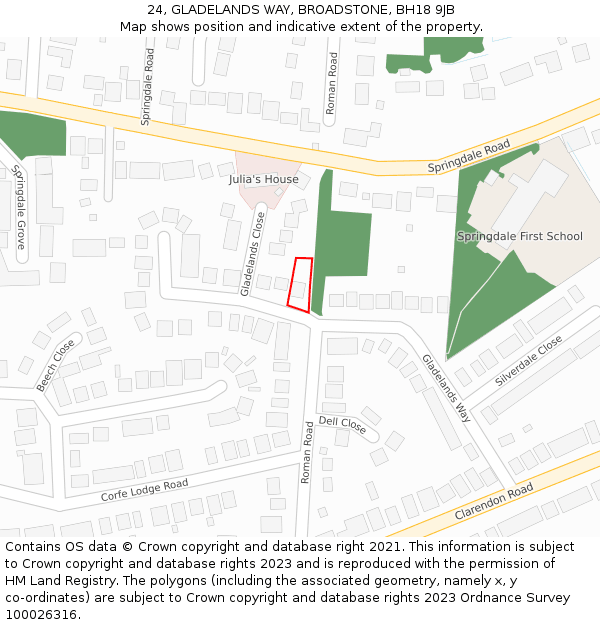 24, GLADELANDS WAY, BROADSTONE, BH18 9JB: Location map and indicative extent of plot