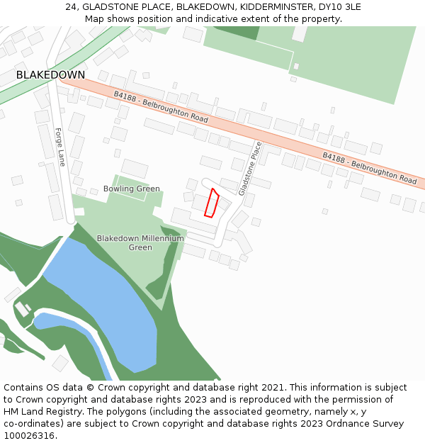 24, GLADSTONE PLACE, BLAKEDOWN, KIDDERMINSTER, DY10 3LE: Location map and indicative extent of plot