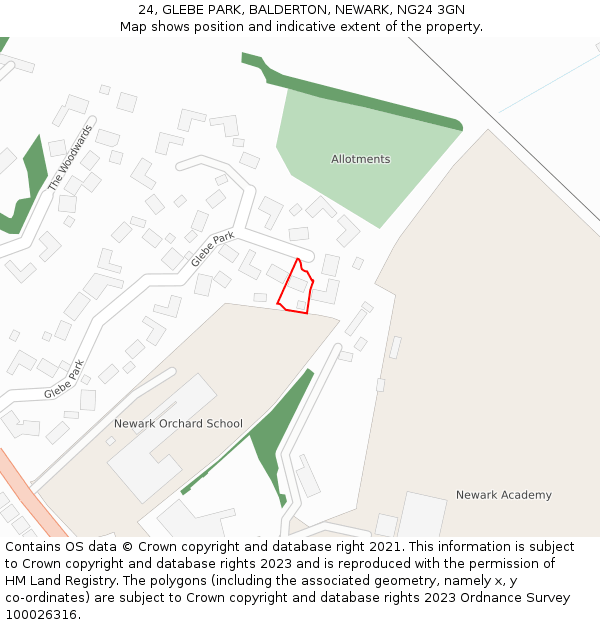 24, GLEBE PARK, BALDERTON, NEWARK, NG24 3GN: Location map and indicative extent of plot