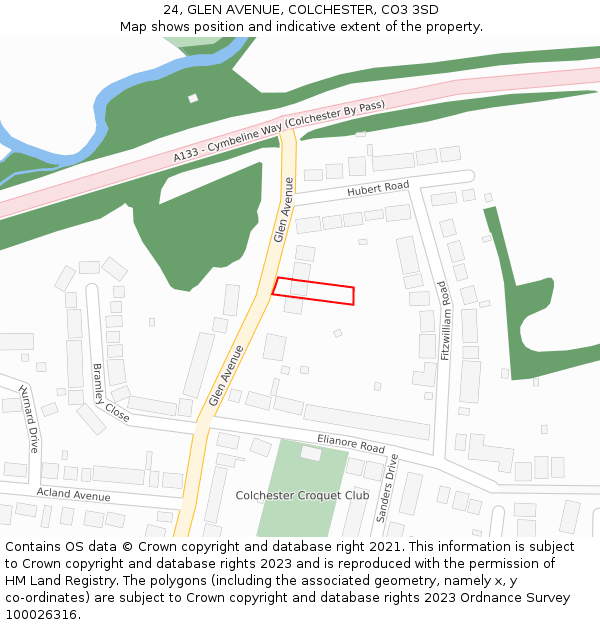 24, GLEN AVENUE, COLCHESTER, CO3 3SD: Location map and indicative extent of plot