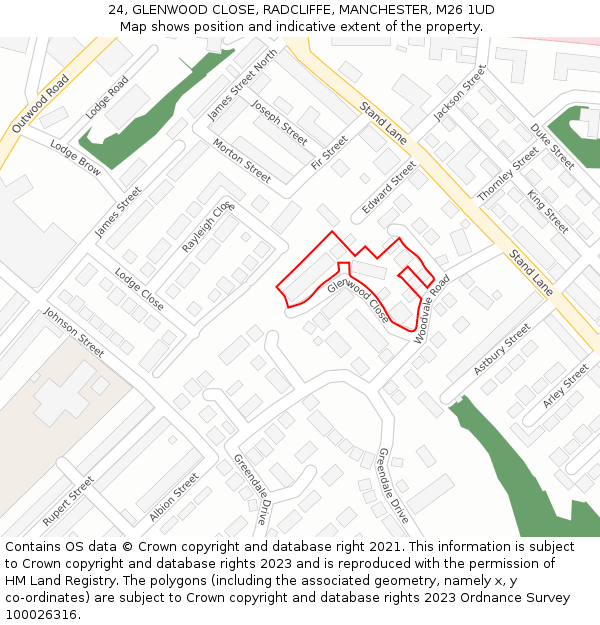 24, GLENWOOD CLOSE, RADCLIFFE, MANCHESTER, M26 1UD: Location map and indicative extent of plot