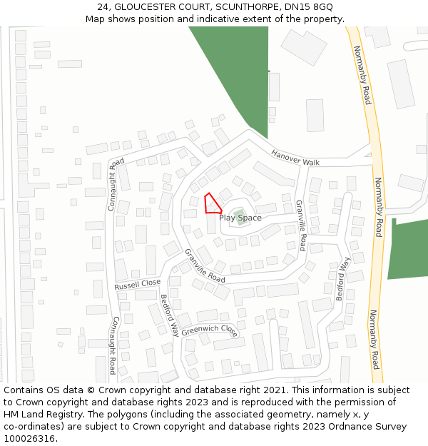 24, GLOUCESTER COURT, SCUNTHORPE, DN15 8GQ: Location map and indicative extent of plot