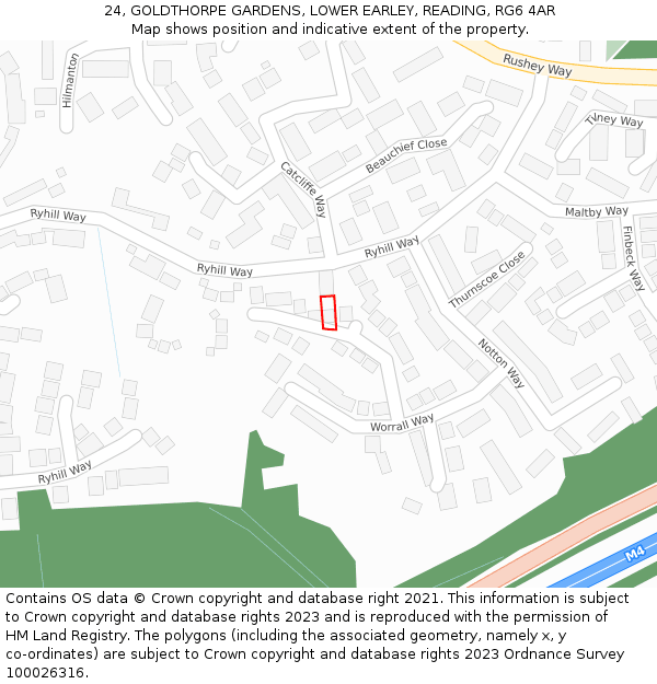 24, GOLDTHORPE GARDENS, LOWER EARLEY, READING, RG6 4AR: Location map and indicative extent of plot