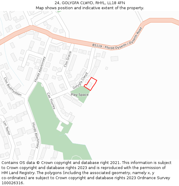 24, GOLYGFA CLWYD, RHYL, LL18 4FN: Location map and indicative extent of plot