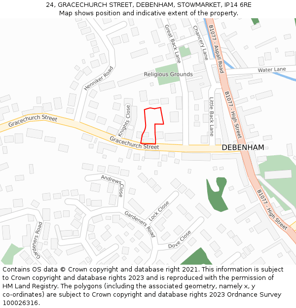 24, GRACECHURCH STREET, DEBENHAM, STOWMARKET, IP14 6RE: Location map and indicative extent of plot