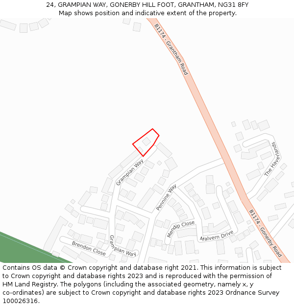 24, GRAMPIAN WAY, GONERBY HILL FOOT, GRANTHAM, NG31 8FY: Location map and indicative extent of plot