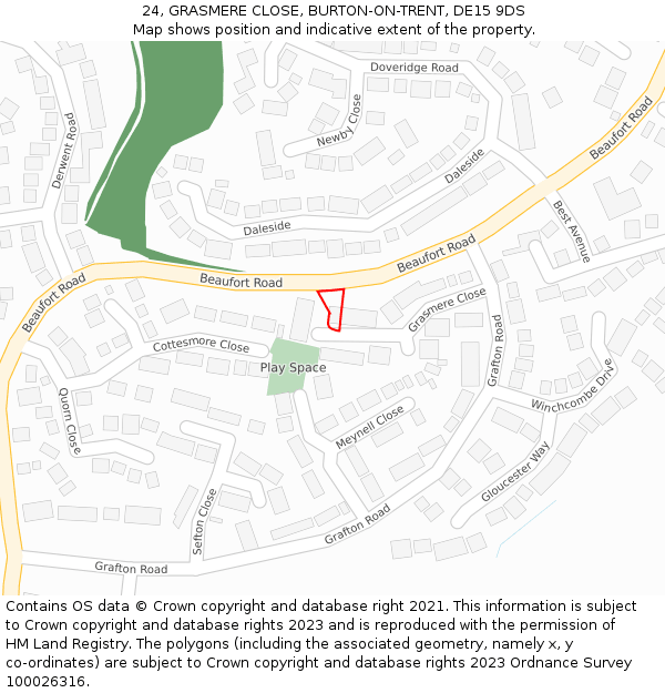 24, GRASMERE CLOSE, BURTON-ON-TRENT, DE15 9DS: Location map and indicative extent of plot