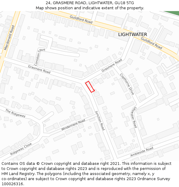 24, GRASMERE ROAD, LIGHTWATER, GU18 5TG: Location map and indicative extent of plot