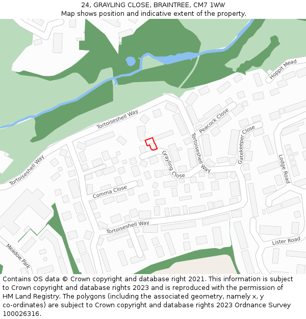 24, GRAYLING CLOSE, BRAINTREE, CM7 1WW: Location map and indicative extent of plot
