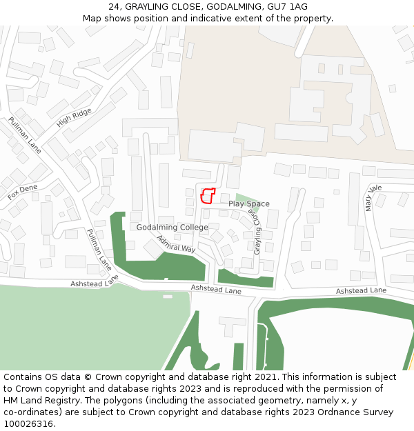 24, GRAYLING CLOSE, GODALMING, GU7 1AG: Location map and indicative extent of plot