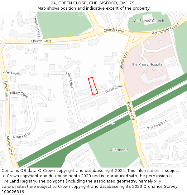 24, GREEN CLOSE, CHELMSFORD, CM1 7SL: Location map and indicative extent of plot