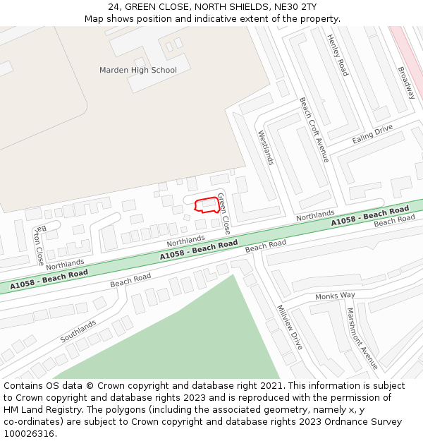 24, GREEN CLOSE, NORTH SHIELDS, NE30 2TY: Location map and indicative extent of plot