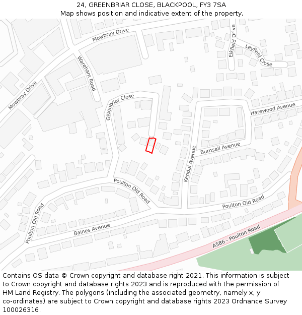 24, GREENBRIAR CLOSE, BLACKPOOL, FY3 7SA: Location map and indicative extent of plot