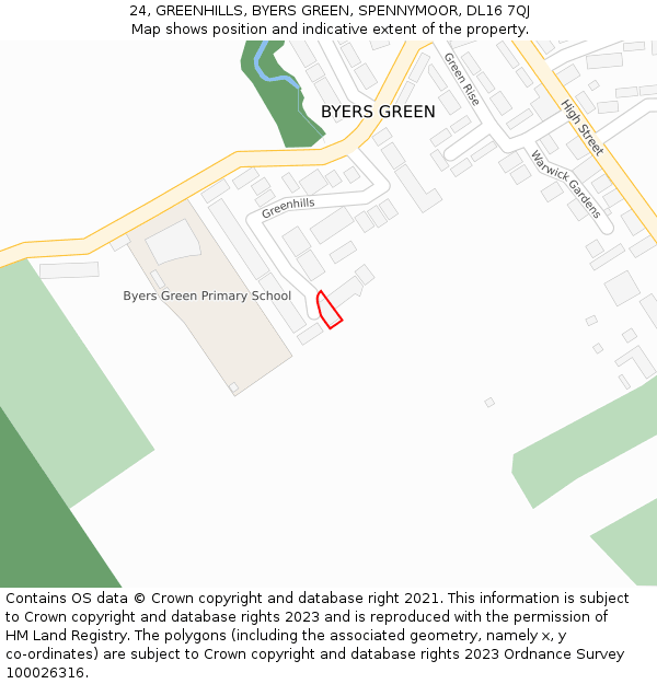 24, GREENHILLS, BYERS GREEN, SPENNYMOOR, DL16 7QJ: Location map and indicative extent of plot