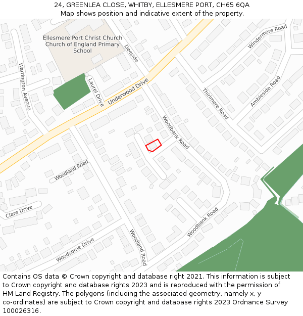 24, GREENLEA CLOSE, WHITBY, ELLESMERE PORT, CH65 6QA: Location map and indicative extent of plot