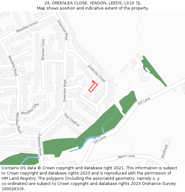 24, GREENLEA CLOSE, YEADON, LEEDS, LS19 7JL: Location map and indicative extent of plot