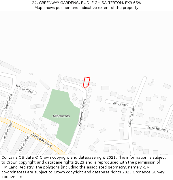 24, GREENWAY GARDENS, BUDLEIGH SALTERTON, EX9 6SW: Location map and indicative extent of plot