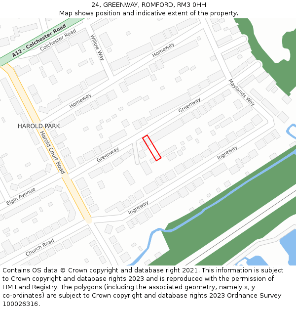 24, GREENWAY, ROMFORD, RM3 0HH: Location map and indicative extent of plot