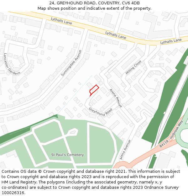 24, GREYHOUND ROAD, COVENTRY, CV6 4DB: Location map and indicative extent of plot