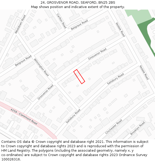 24, GROSVENOR ROAD, SEAFORD, BN25 2BS: Location map and indicative extent of plot