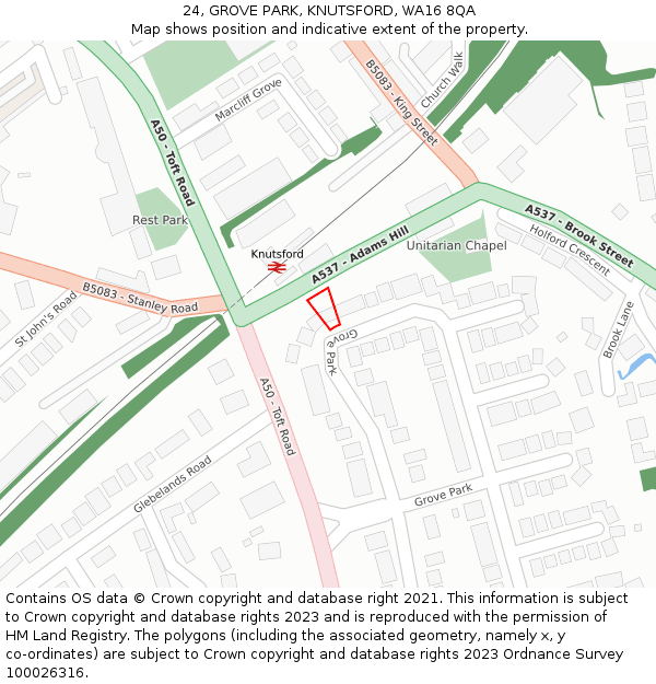 24, GROVE PARK, KNUTSFORD, WA16 8QA: Location map and indicative extent of plot