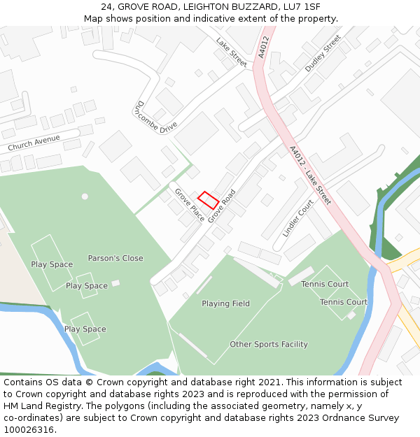24, GROVE ROAD, LEIGHTON BUZZARD, LU7 1SF: Location map and indicative extent of plot