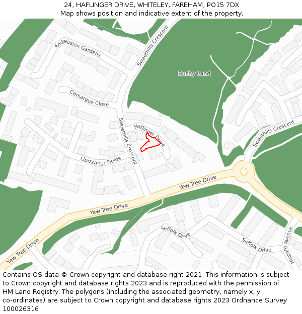 24, HAFLINGER DRIVE, WHITELEY, FAREHAM, PO15 7DX: Location map and indicative extent of plot