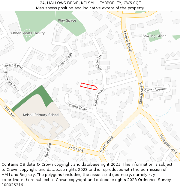 24, HALLOWS DRIVE, KELSALL, TARPORLEY, CW6 0QE: Location map and indicative extent of plot