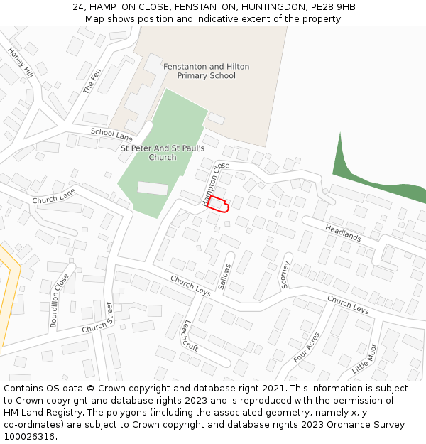 24, HAMPTON CLOSE, FENSTANTON, HUNTINGDON, PE28 9HB: Location map and indicative extent of plot