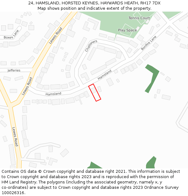 24, HAMSLAND, HORSTED KEYNES, HAYWARDS HEATH, RH17 7DX: Location map and indicative extent of plot