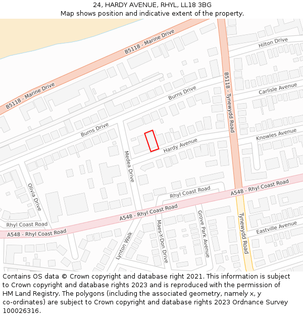 24, HARDY AVENUE, RHYL, LL18 3BG: Location map and indicative extent of plot