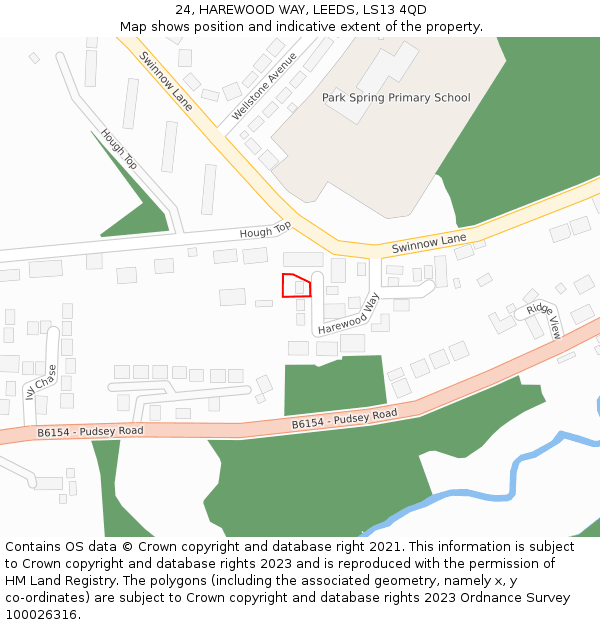 24, HAREWOOD WAY, LEEDS, LS13 4QD: Location map and indicative extent of plot