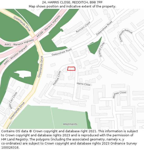24, HARRIS CLOSE, REDDITCH, B98 7PP: Location map and indicative extent of plot