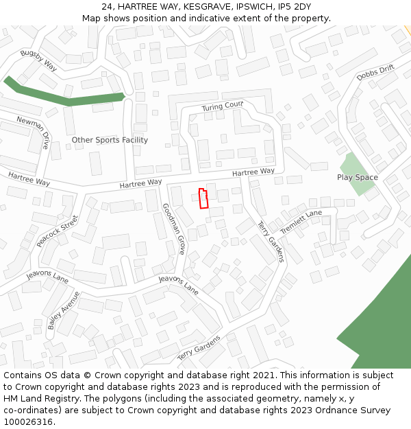 24, HARTREE WAY, KESGRAVE, IPSWICH, IP5 2DY: Location map and indicative extent of plot