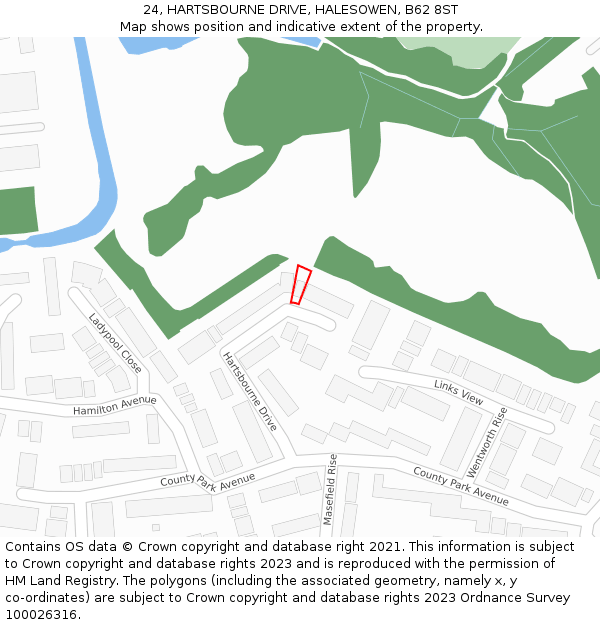 24, HARTSBOURNE DRIVE, HALESOWEN, B62 8ST: Location map and indicative extent of plot