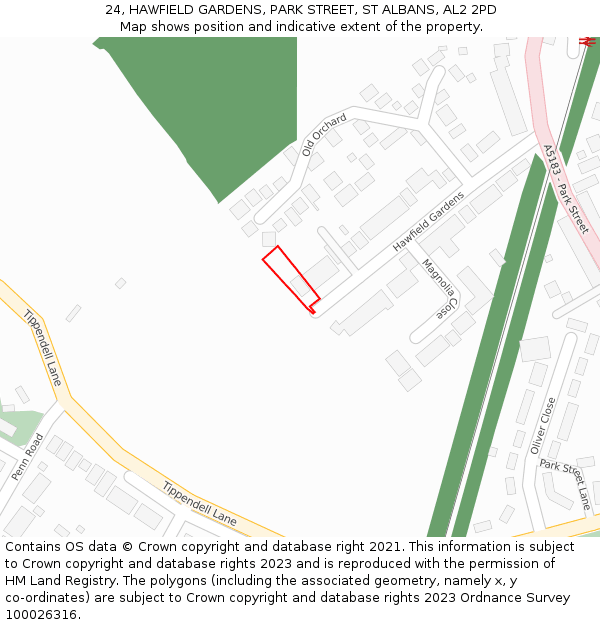 24, HAWFIELD GARDENS, PARK STREET, ST ALBANS, AL2 2PD: Location map and indicative extent of plot