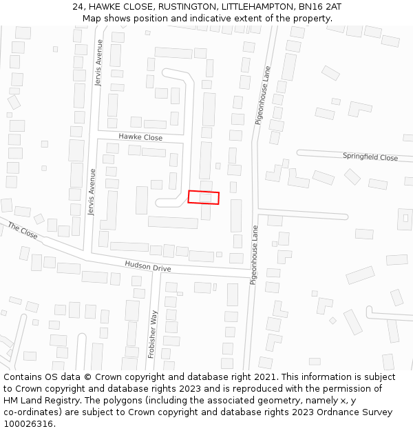 24, HAWKE CLOSE, RUSTINGTON, LITTLEHAMPTON, BN16 2AT: Location map and indicative extent of plot