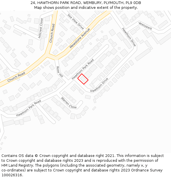 24, HAWTHORN PARK ROAD, WEMBURY, PLYMOUTH, PL9 0DB: Location map and indicative extent of plot