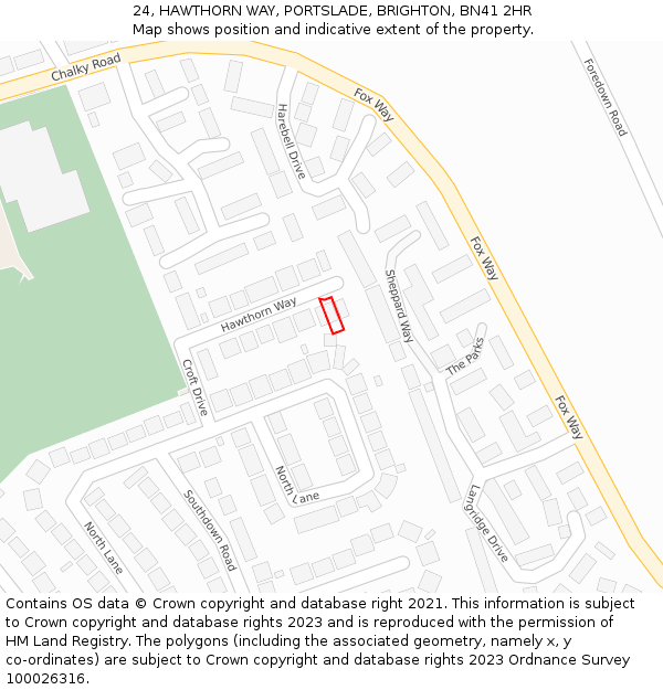 24, HAWTHORN WAY, PORTSLADE, BRIGHTON, BN41 2HR: Location map and indicative extent of plot