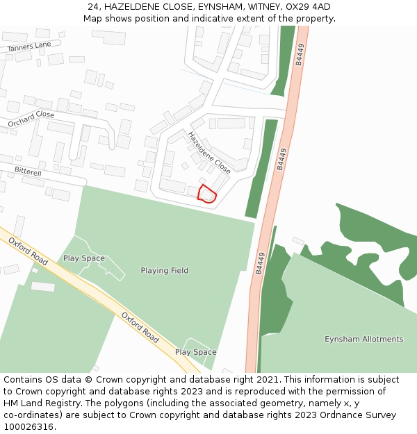 24, HAZELDENE CLOSE, EYNSHAM, WITNEY, OX29 4AD: Location map and indicative extent of plot