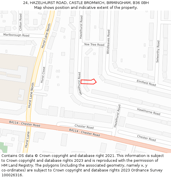 24, HAZELHURST ROAD, CASTLE BROMWICH, BIRMINGHAM, B36 0BH: Location map and indicative extent of plot