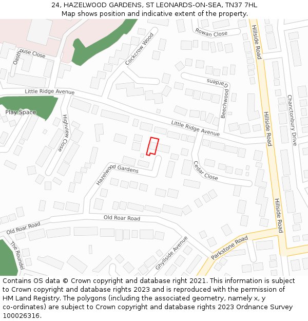 24, HAZELWOOD GARDENS, ST LEONARDS-ON-SEA, TN37 7HL: Location map and indicative extent of plot