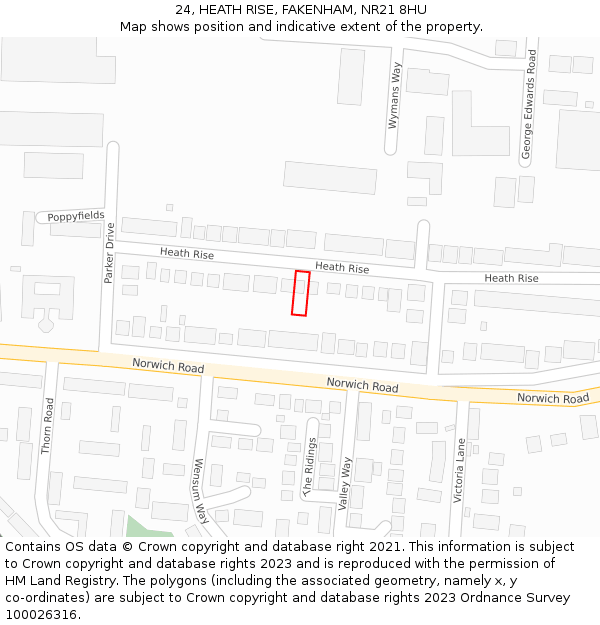 24, HEATH RISE, FAKENHAM, NR21 8HU: Location map and indicative extent of plot